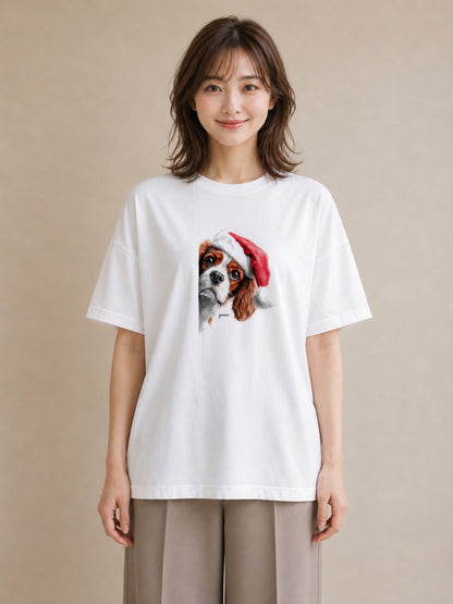半袖Tシャツ レディース キャバリア 犬 いぬ イラスト 上品 ママ カフェ服 白T