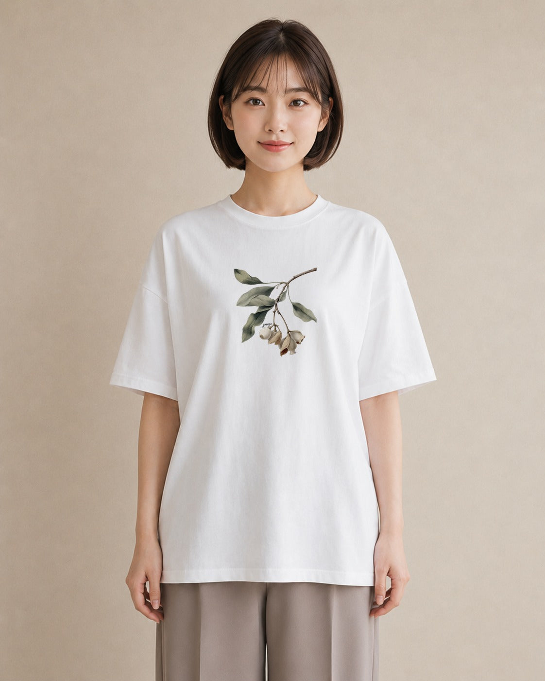 半袖Tシャツ レディース 金木犀 花 花柄 イラスト こなれ感 通勤 在宅 白T
