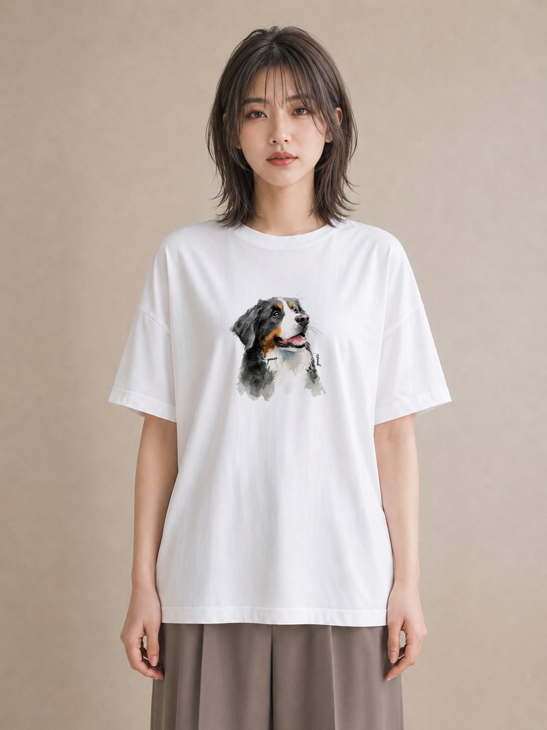 デザインTシャツ レディース バーニーズマウンテンドッグ 犬 いぬ イラスト 北欧風 ミセス 春コーデ 白T