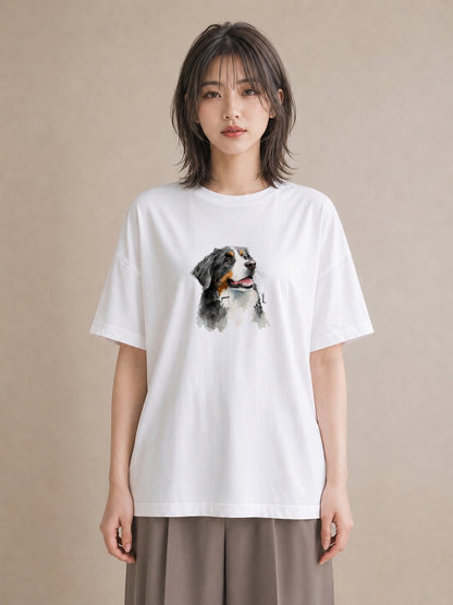 デザインTシャツ レディース バーニーズマウンテンドッグ 犬 いぬ イラスト 北欧風 ミセス 春コーデ 白T