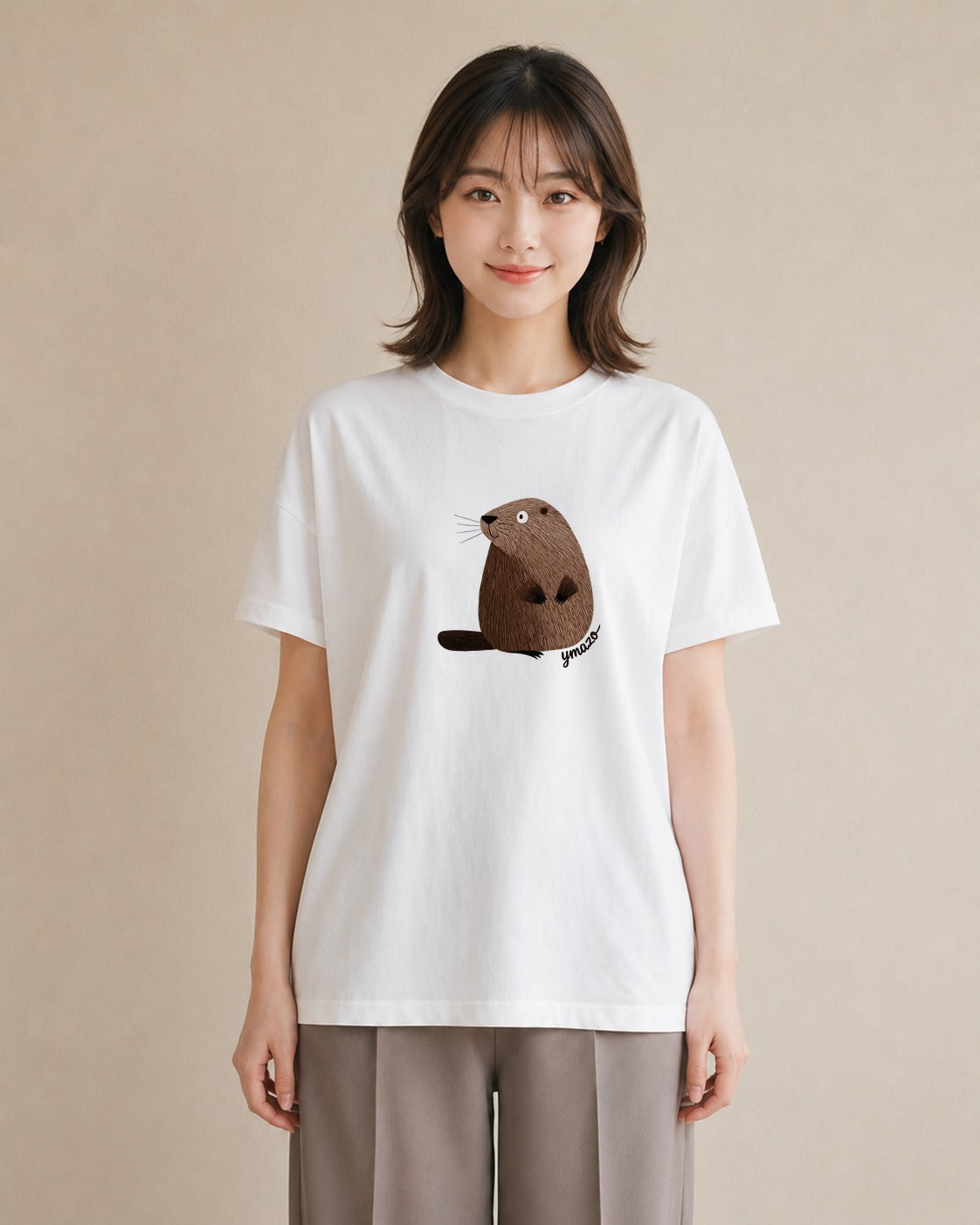プリントTシャツ レディース カワウソ 動物 アニマル イラスト 北欧風 公園 ママ 白T