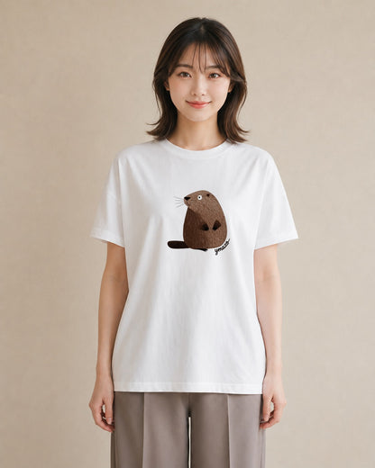 プリントTシャツ レディース カワウソ 動物 アニマル イラスト 北欧風 公園 ママ 白T