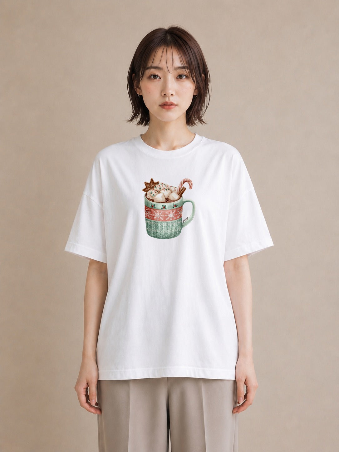 半袖Tシャツ レディース ココア 食べ物 フード イラスト カフェコーデ 送別ギフト 通勤 白T