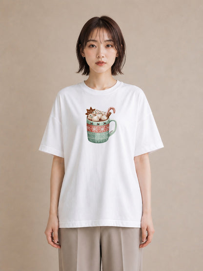 半袖Tシャツ レディース ココア 食べ物 フード イラスト カフェコーデ 送別ギフト 通勤 白T