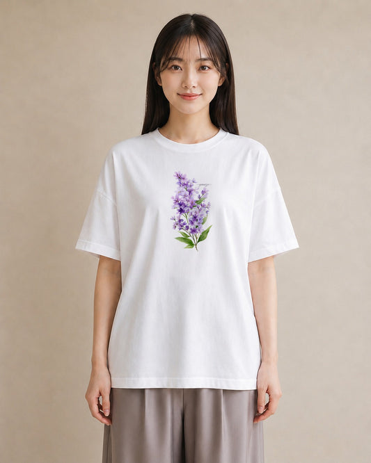 プリントTシャツ レディース ラベンダー 花 花柄 イラスト ラフカジュアル 友達ギフト 部屋着 白T