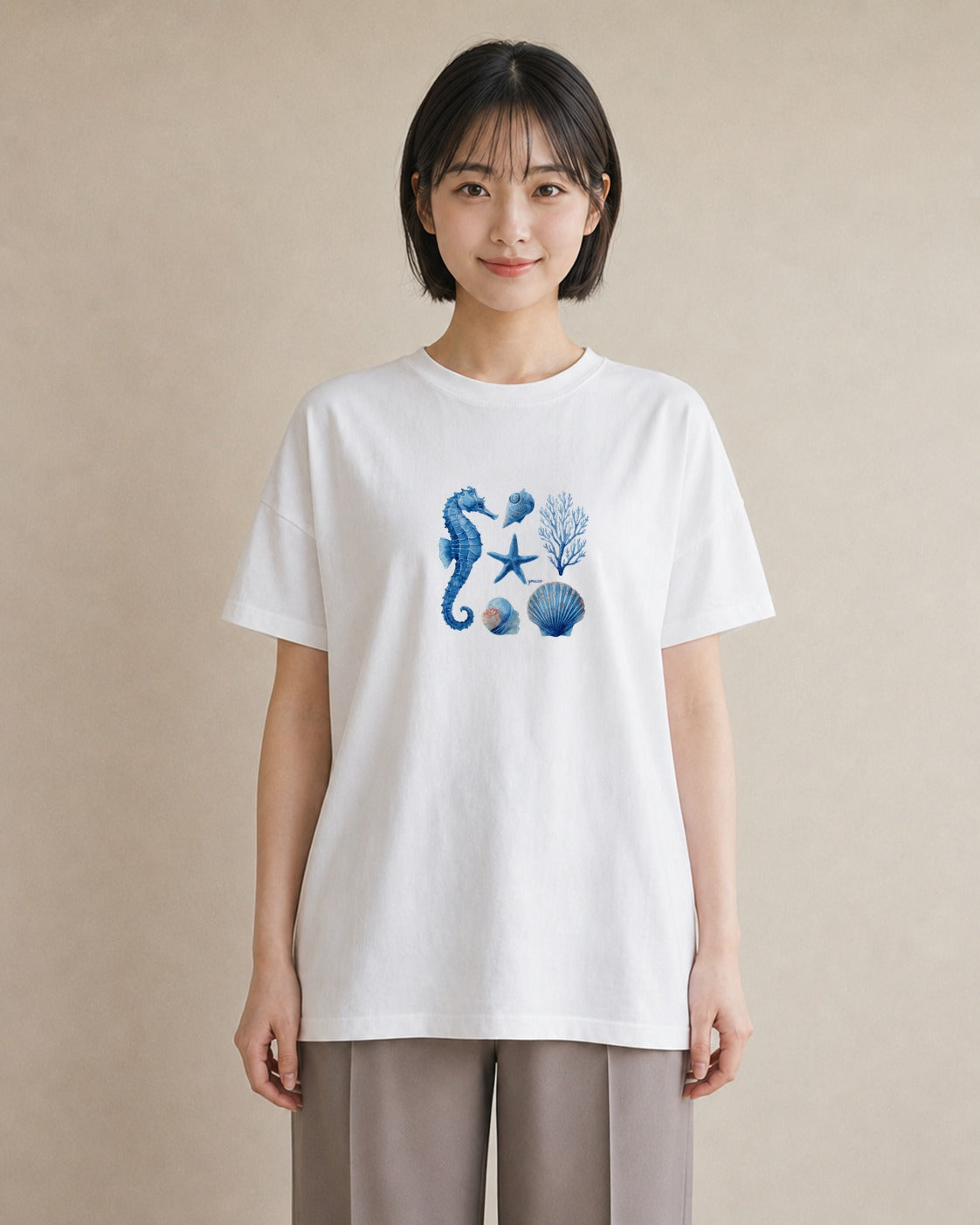 半袖Tシャツ レディース タツノオトシゴ 海の生き物 海 イラスト ヴィンテージ風 休日 ペアコーデ 白T