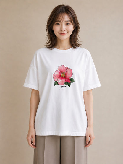 Tシャツ レディース 牡丹 花 花柄 イラスト ミニマル 買い物 夏コーデ 白T