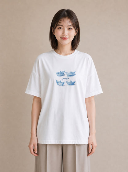 グラフィックTシャツ レディース 紙の船 水辺 ナチュラル アンティーク イラスト ミニマル 社会人 女性 白T