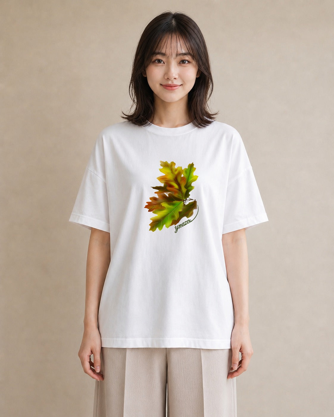 グラフィックTシャツ レディース 落ち葉 植物 ボタニカル イラスト ミセス 春コーデ 白T
