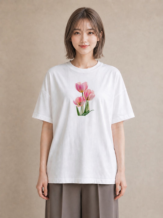 半袖Tシャツ レディース チューリップ 花 花柄 イラスト こなれ感 クリスマス 旅行 白T