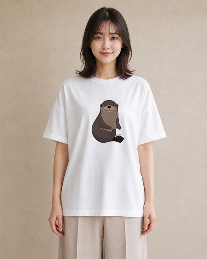 デザインTシャツ レディース ラッコ 動物 アニマル イラスト シンプル 海 カフェ巡り 白T