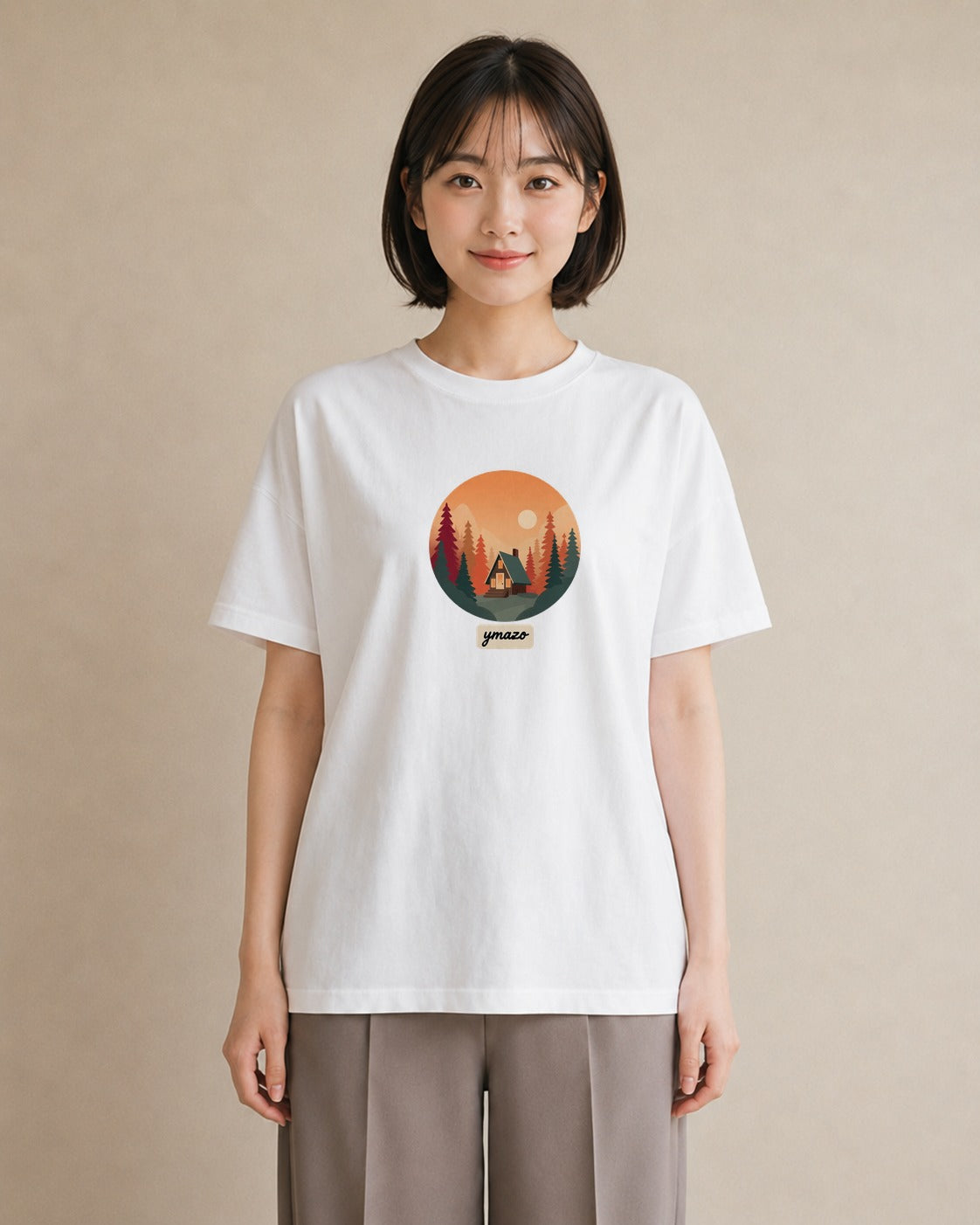 Tシャツ レディース 湖畔の小屋 湖 小屋 ナチュラル アンティーク イラスト ユニーク 旅行 母娘コーデ 白T