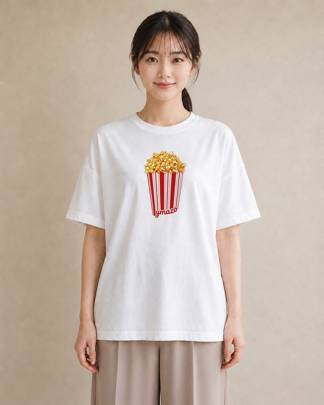 Tシャツ レディース ポップコーン 食べ物 フード イラスト 上品 春服 ミセス 白T