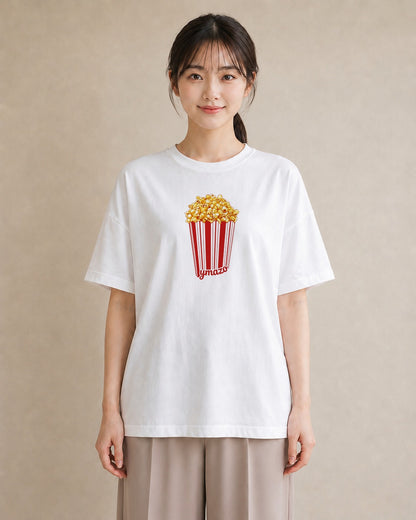 Tシャツ レディース ポップコーン 食べ物 フード イラスト 上品 春服 ミセス 白T