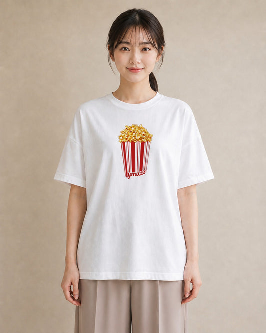 Tシャツ レディース ポップコーン 食べ物 フード イラスト 上品 春服 ミセス 白T