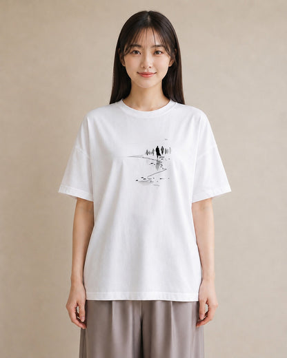 デザインTシャツ レディース 雨上がりの小道 雨上がり 小道 ナチュラル アンティーク イラスト ラフ 旅行 母娘コーデ 白T