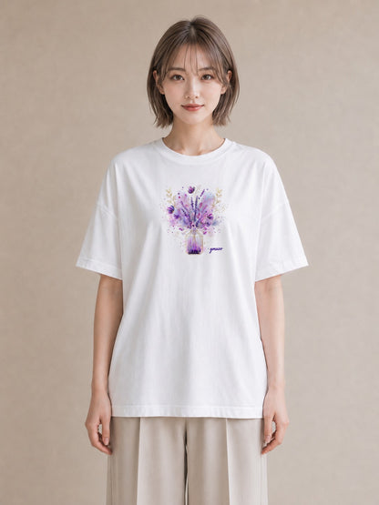 グラフィックTシャツ レディース ラベンダー 花 花柄 イラスト ポップ ママ カフェ服 白T