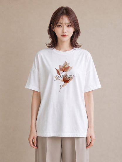 デザインTシャツ レディース 落ち葉 植物 ボタニカル イラスト こなれ感 通勤 在宅 白T