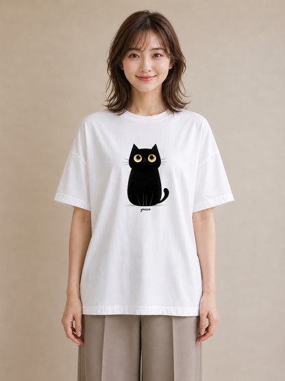 グラフィックTシャツ レディース 黒猫 猫 ねこ イラスト 上品 クリスマス 旅行 白T