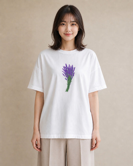 デザインTシャツ レディース ラベンダー 花 花柄 イラスト 個性的 カフェ服 クリスマス 白T
