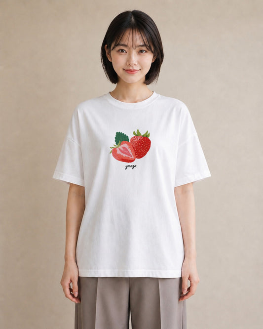 Tシャツ レディース いちご 苺 ストロベリー 食べ物 フード イラスト ニュアンス 親子 20代 白T