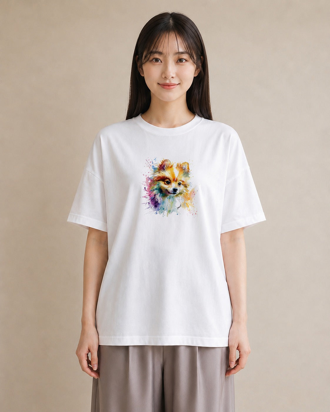プリントTシャツ レディース ポメラニアン ポメ 犬 いぬ イラスト 淡色 お出かけ 普段着 白T