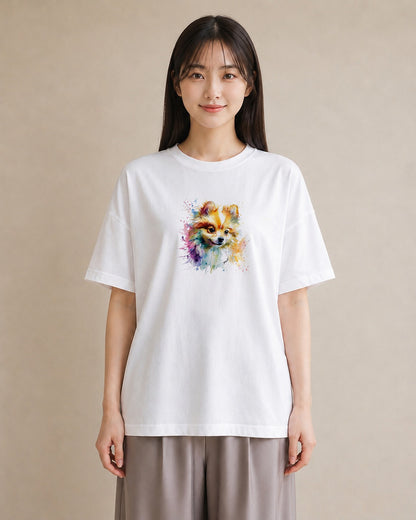 プリントTシャツ レディース ポメラニアン ポメ 犬 いぬ イラスト 淡色 お出かけ 普段着 白T