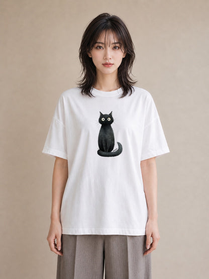 デザインTシャツ レディース 黒猫 猫 ねこ イラスト ナチュラル ママ カフェ服 白T