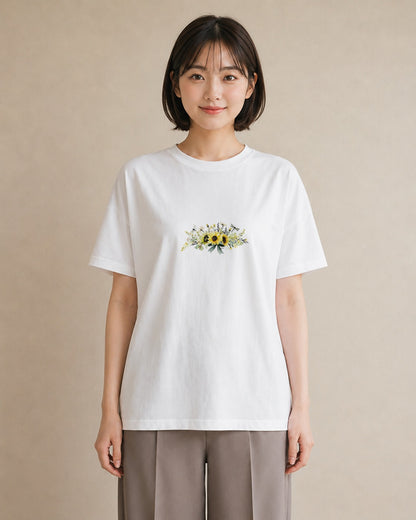 Tシャツ レディース ひまわり 向日葵 花 花柄 イラスト 可愛い 公園 ママ 白T