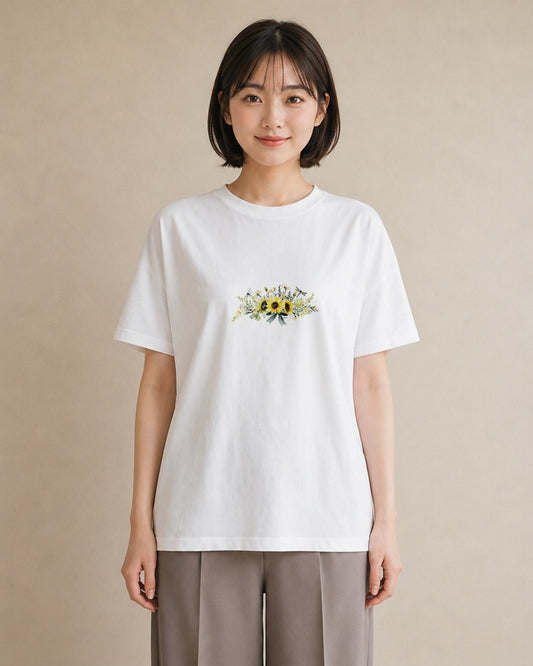 Tシャツ レディース ひまわり 向日葵 花 花柄 イラスト 可愛い 公園 ママ 白T