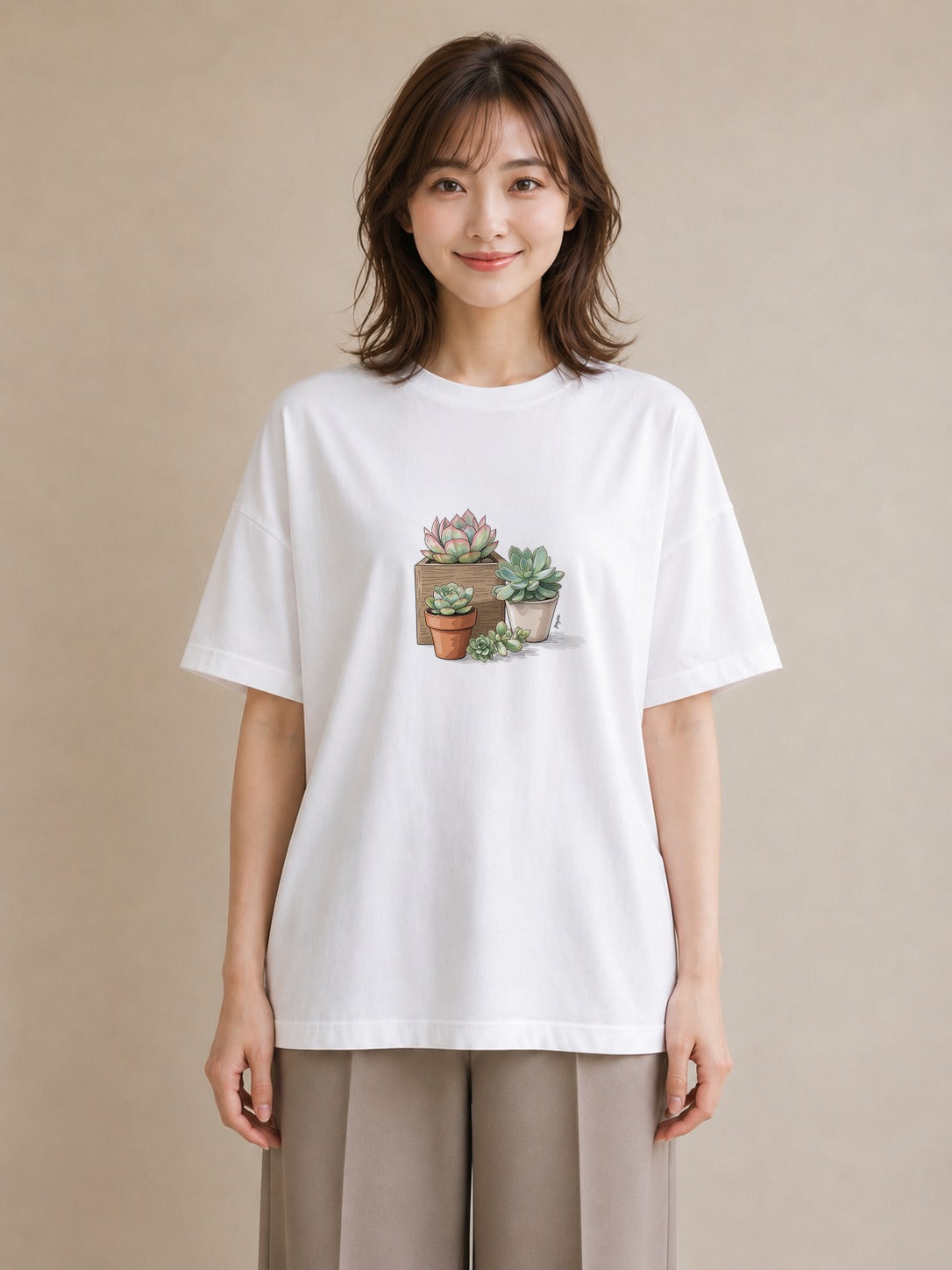 半袖Tシャツ レディース 多肉植物 植物 ボタニカル イラスト レトロ 夏コーデ 通学 白T