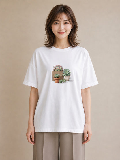 半袖Tシャツ レディース 多肉植物 植物 ボタニカル イラスト レトロ 夏コーデ 通学 白T