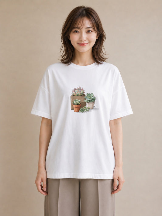 半袖Tシャツ レディース 多肉植物 植物 ボタニカル イラスト レトロ 夏コーデ 通学 白T