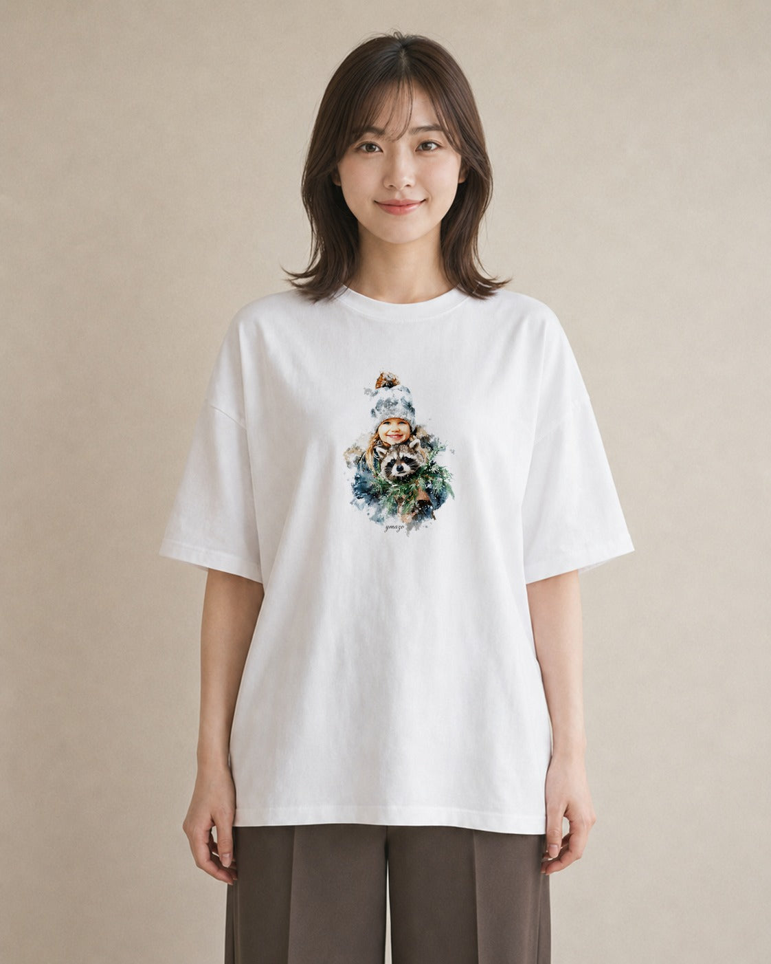 半袖Tシャツ レディース たぬき 動物 アニマル イラスト シック お揃い 親子 白T
