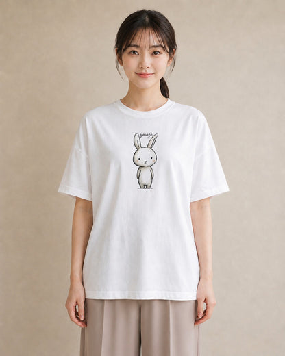 半袖Tシャツ レディース ミニうさぎ ペット 動物 イラスト ガーリー レイヤード 友達ギフト 白T