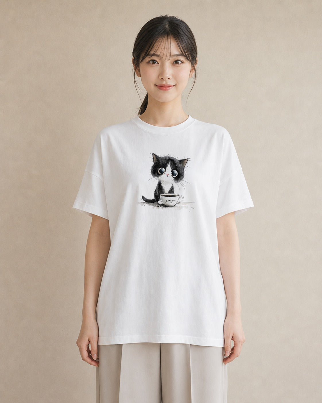 半袖Tシャツ レディース ハチワレ 白黒猫 猫 ねこ イラスト 抜け感 週末コーデ 敬老の日 白T