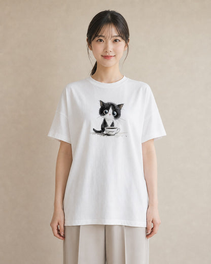 半袖Tシャツ レディース ハチワレ 白黒猫 猫 ねこ イラスト 抜け感 週末コーデ 敬老の日 白T