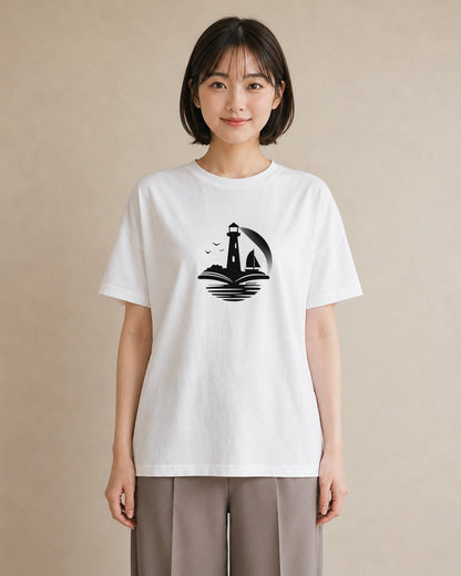 グラフィックTシャツ レディース 灯台 霧 海 ナチュラル アンティーク イラスト 個性的 ホワイトデー 春服 白T