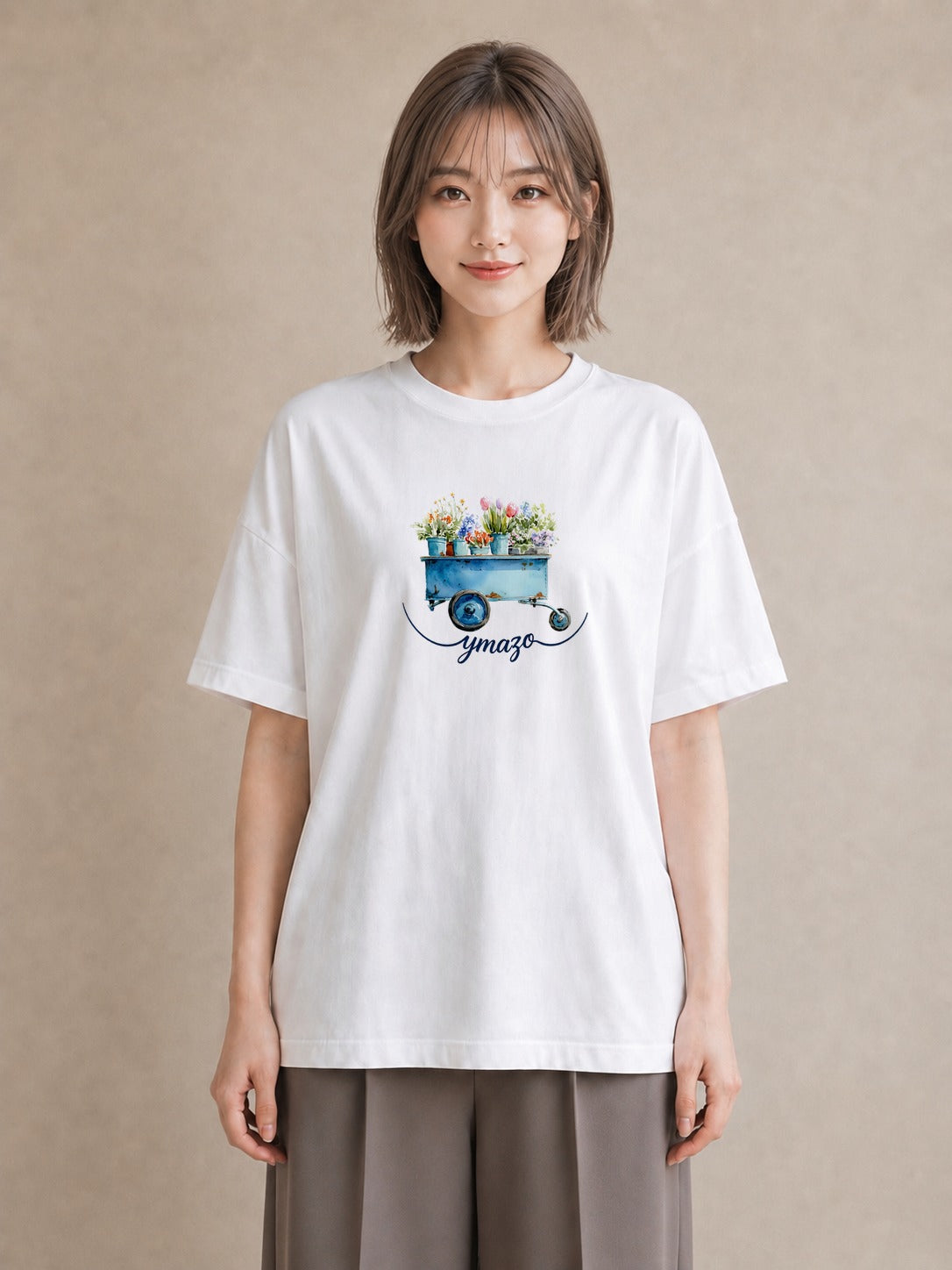 半袖Tシャツ レディース 自転車のかご 自転車 花かご ナチュラル アンティーク イラスト ボタニカル 20代 カジュアルコーデ 白T