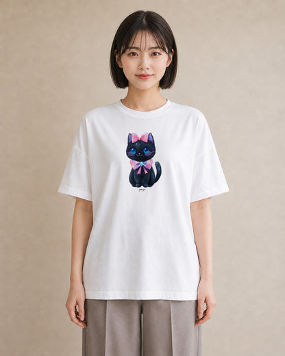 プリントTシャツ レディース 黒猫 猫 ねこ イラスト 線画 公園 ママ 白T