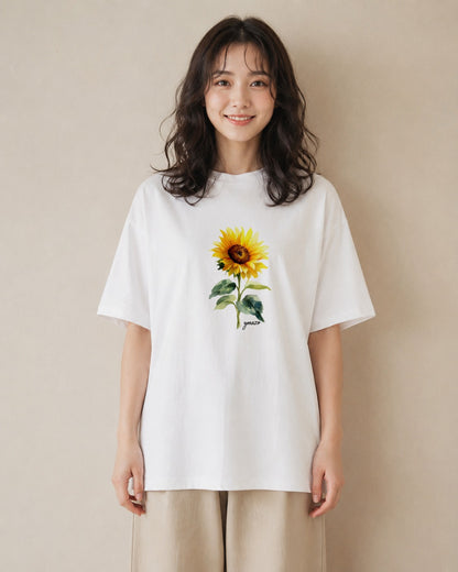 デザインTシャツ レディース ひまわり 向日葵 花 花柄 イラスト ゆるかわ 誕生日プレゼント 綿100 白T