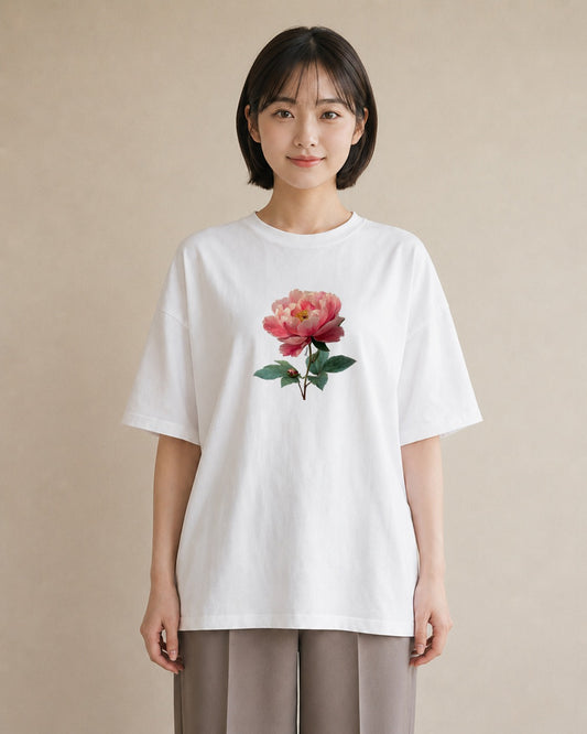 プリントTシャツ レディース 牡丹 花 花柄 イラスト こなれ感 春服 ミセス 白T
