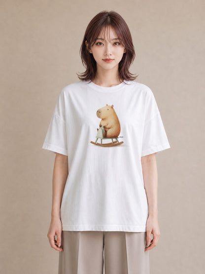 半袖Tシャツ レディース カピバラ かぴばら 動物 アニマル イラスト カフェコーデ 散歩 お出かけ 白T