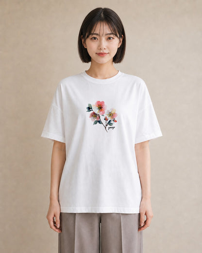 デザインTシャツ レディース 椿 花 花柄 イラスト モード 敬老の日 ホワイトデー 白T