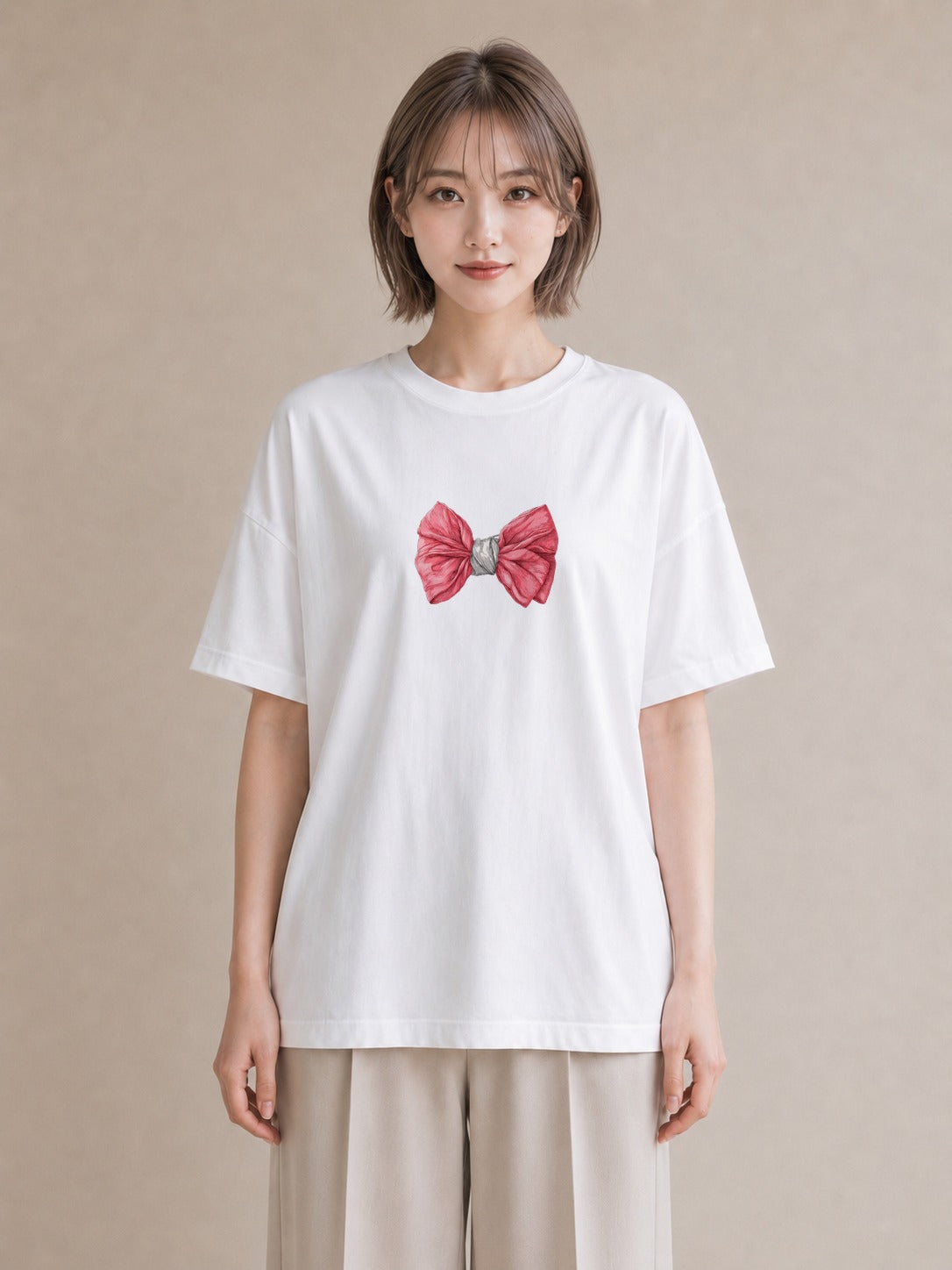 デザインTシャツ レディース リボン 蝶結び ナチュラル アンティーク イラスト 淡色 お揃い 親子 白T