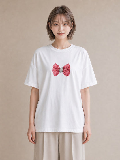 デザインTシャツ レディース リボン 蝶結び ナチュラル アンティーク イラスト 淡色 お揃い 親子 白T