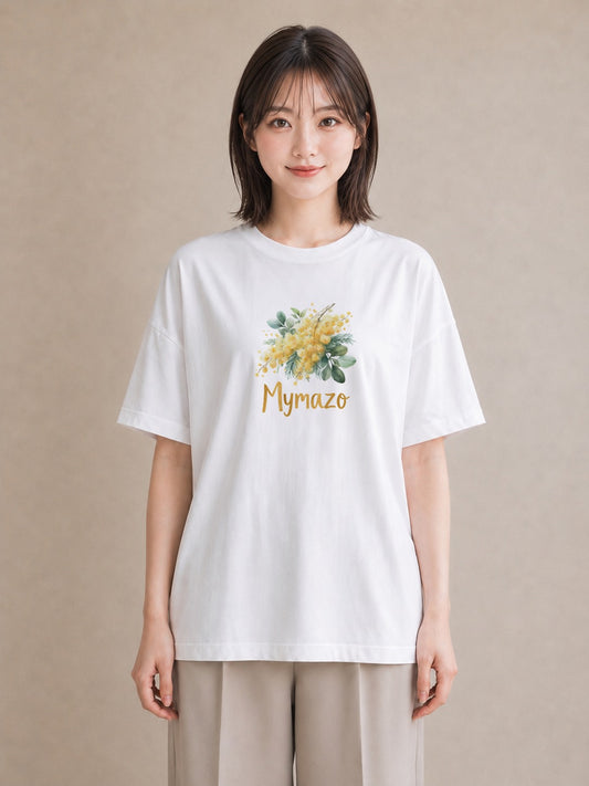 半袖Tシャツ レディース ミモザ 花 花柄 イラスト きれいめ 送別ギフト 通勤 白T