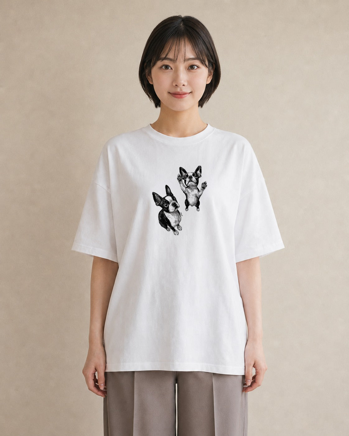 半袖Tシャツ レディース ボストンテリア 犬 いぬ イラスト ヴィンテージ風 秋コーデ おしゃれギフト 白T