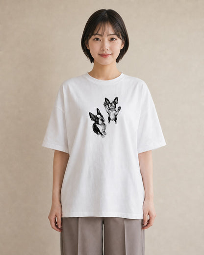 半袖Tシャツ レディース ボストンテリア 犬 いぬ イラスト ヴィンテージ風 秋コーデ おしゃれギフト 白T