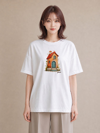 グラフィックTシャツ レディース 灯りの家 小屋 夜 ナチュラル アンティーク イラスト モード 友達ギフト 部屋着 白T